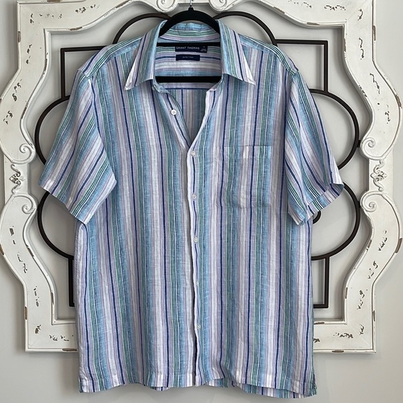 GRANT THOMAS PURE LINEN STRIPE BUTTON DOWN SHIRT SIZE MEDIUM - Picture 1 of 7